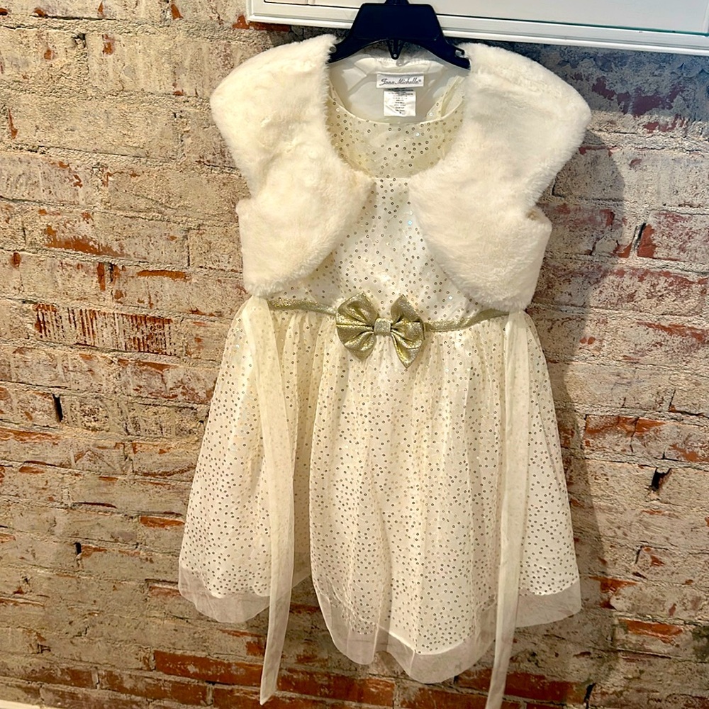 Girls Sequin Dress with faux fur shawl